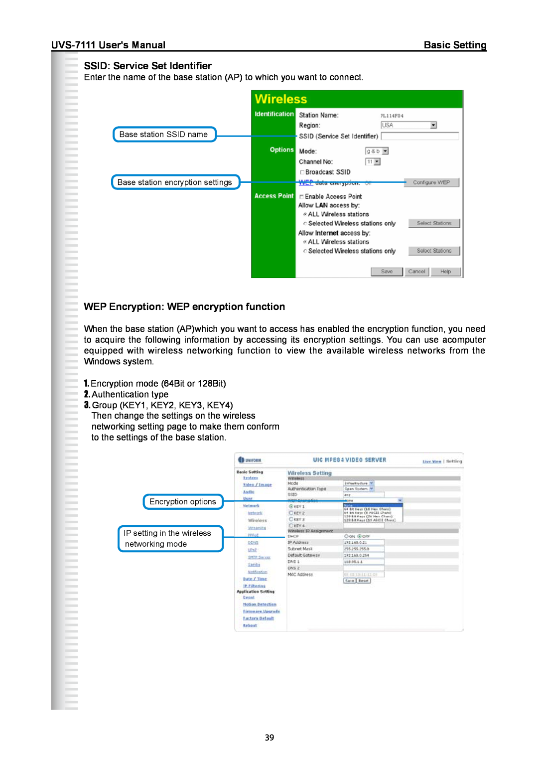 Active Thermal Management UVS-7111 SSID Service Set Identifier, WEP Encryption WEP encryption function, Basic Setting 