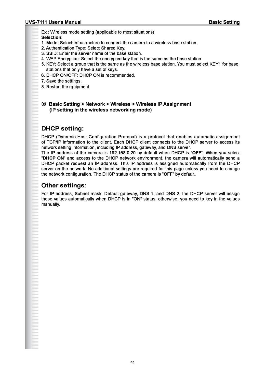 Active Thermal Management manual DHCP setting, Other settings, UVS-7111 Users Manual, Basic Setting, Selection 