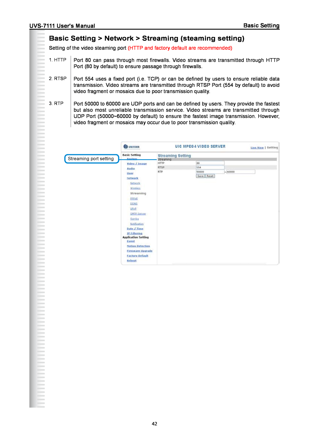 Active Thermal Management Basic Setting Network Streaming steaming setting, UVS-7111 Users Manual, HTTP 2. RTSP 3. RTP 