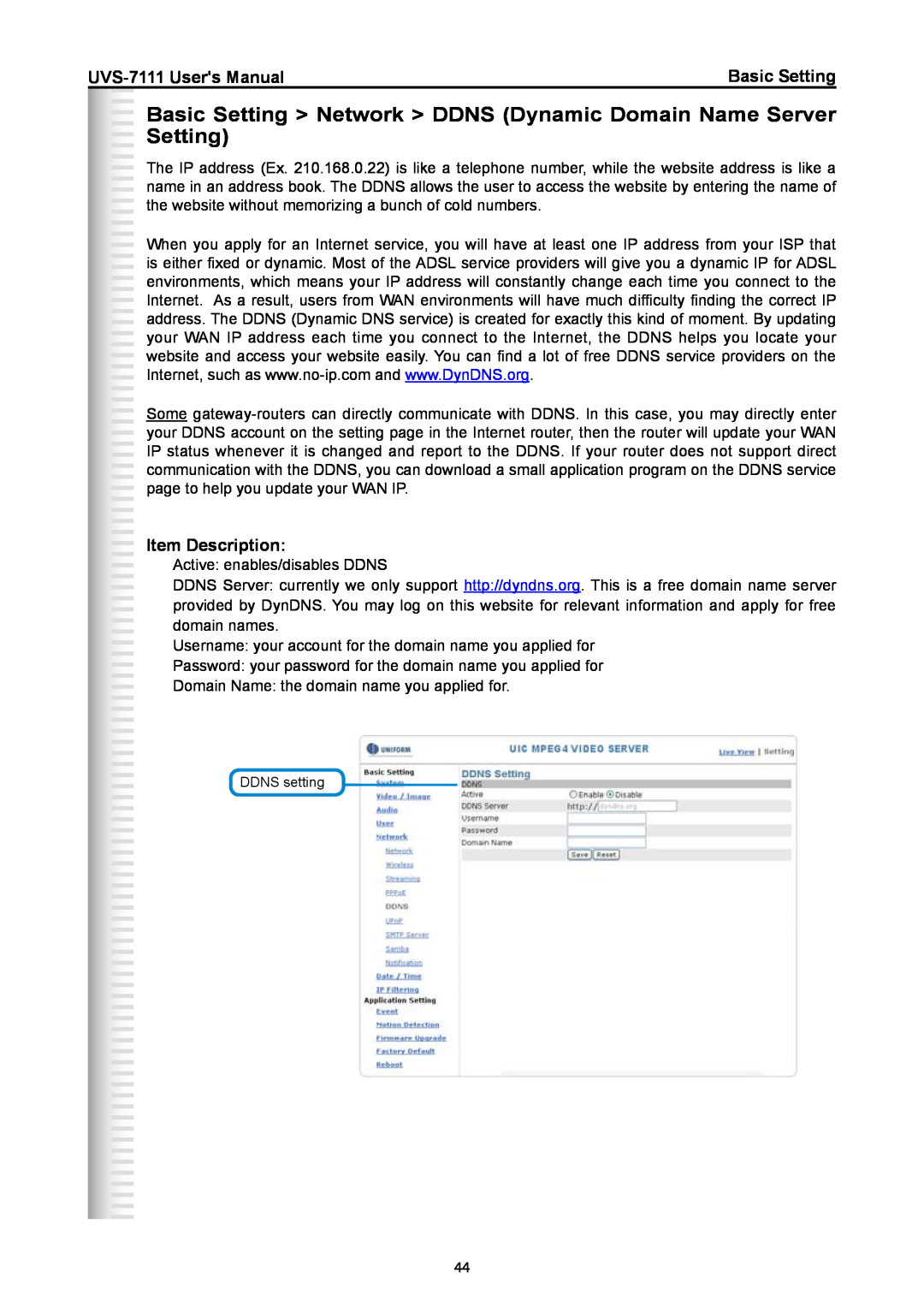 Active Thermal Management UVS-7111 manual Basic Setting Network DDNS Dynamic Domain Name Server Setting, Item Description 