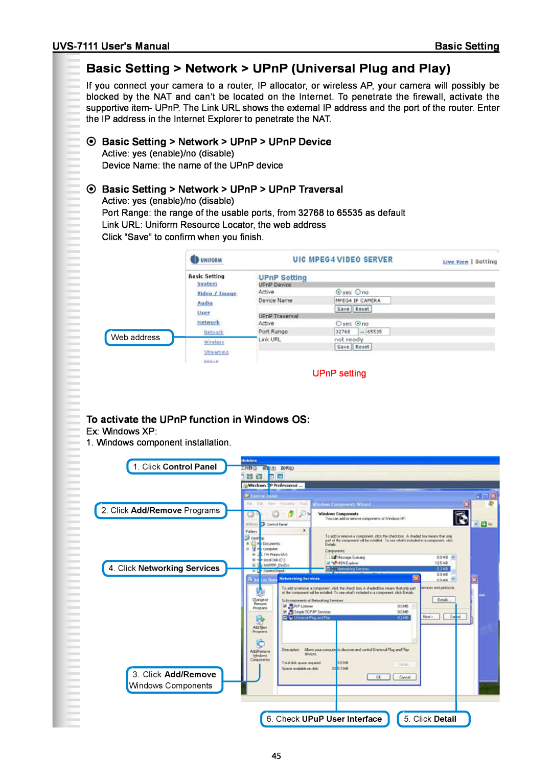 Active Thermal Management manual Basic Setting Network UPnP Universal Plug and Play, UVS-7111 Users Manual, UPnP setting 