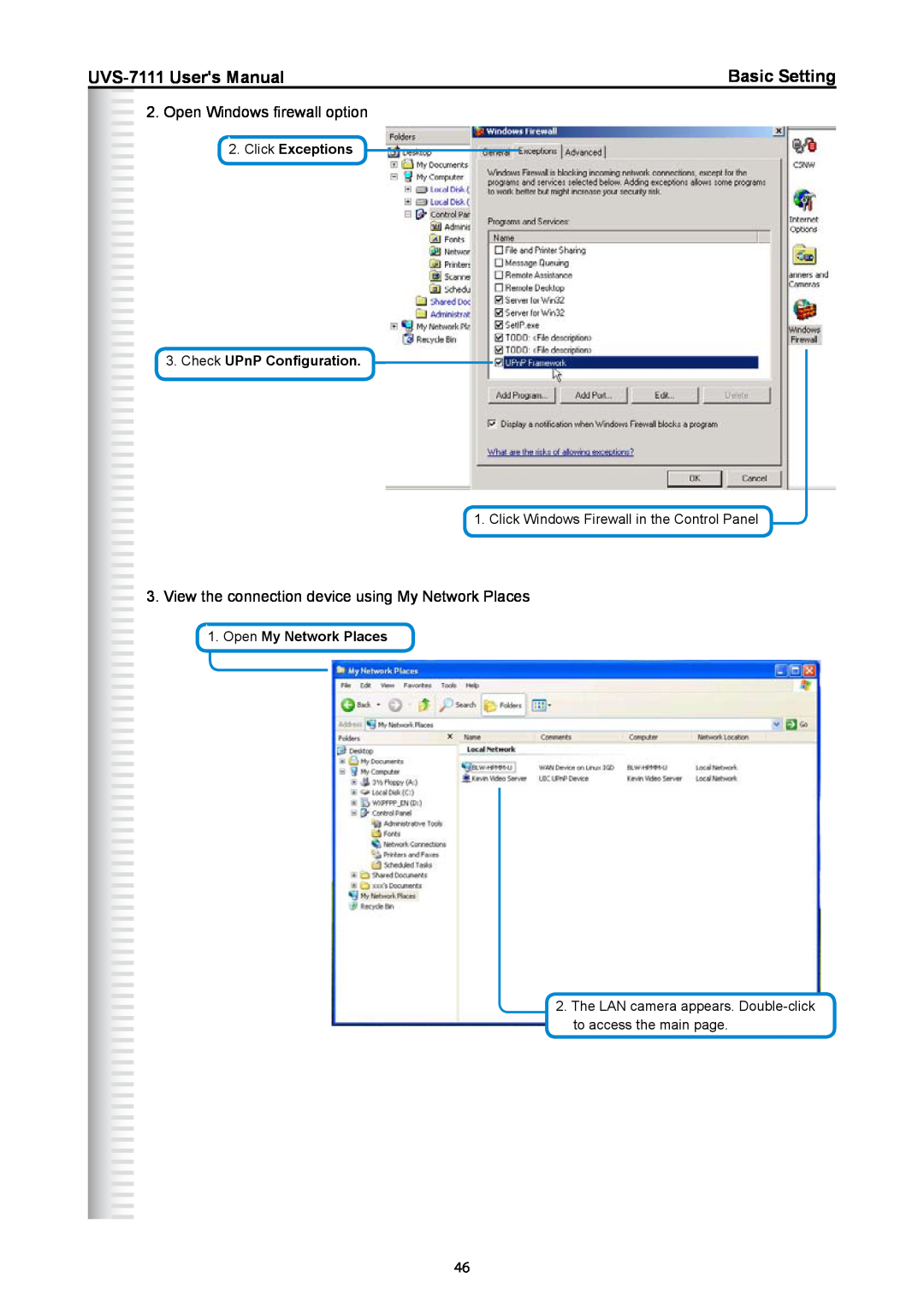 Active Thermal Management UVS-7111 Users Manual, Basic Setting, Open Windows firewall option, Open My Network Places 