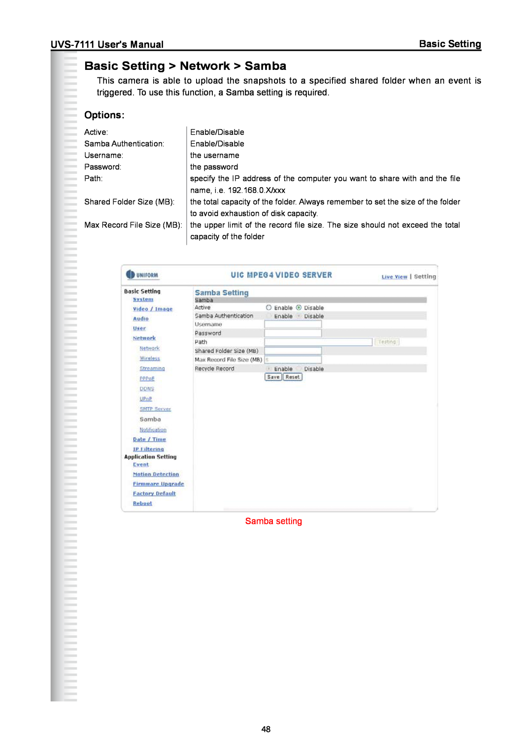 Active Thermal Management UVS-7111 manual Basic Setting Network Samba, Options, Samba setting 