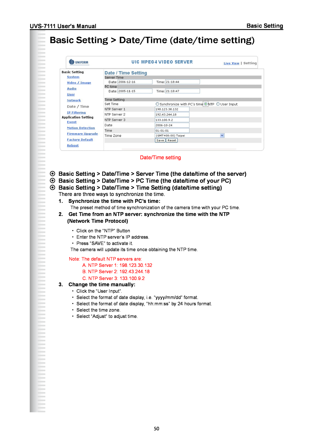 Active Thermal Management manual Basic Setting Date/Time date/time setting, UVS-7111 Users Manual, Date/Time setting 