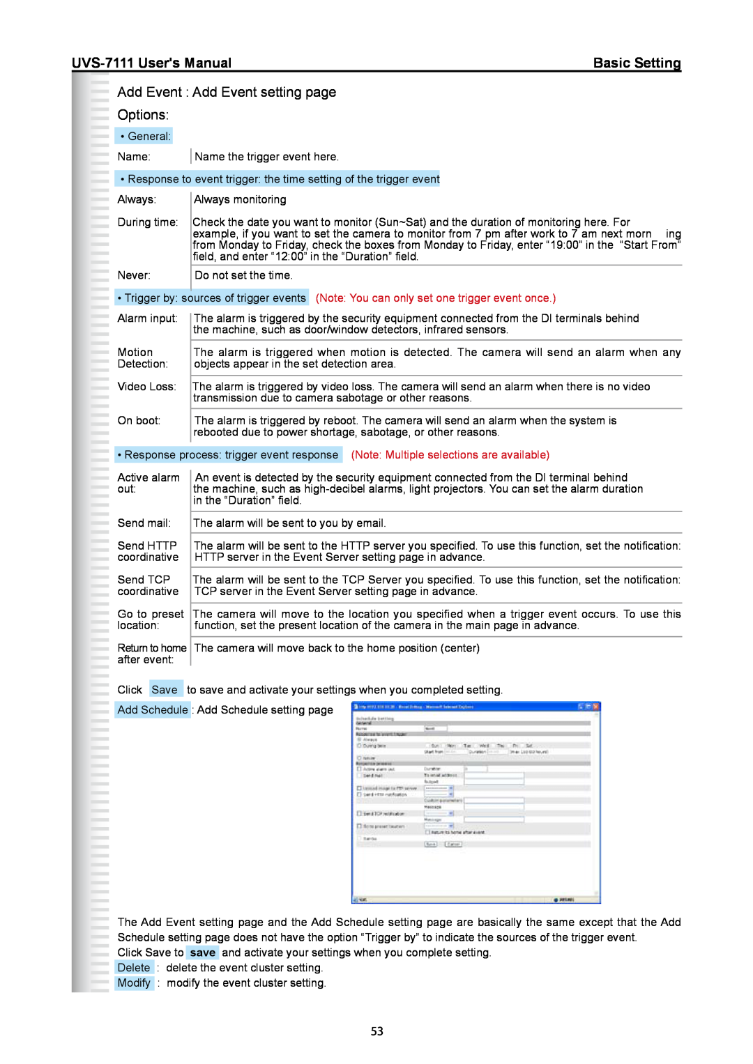 Active Thermal Management manual Basic Setting, Add Event Add Event setting page, Options, UVS-7111 Users Manual 