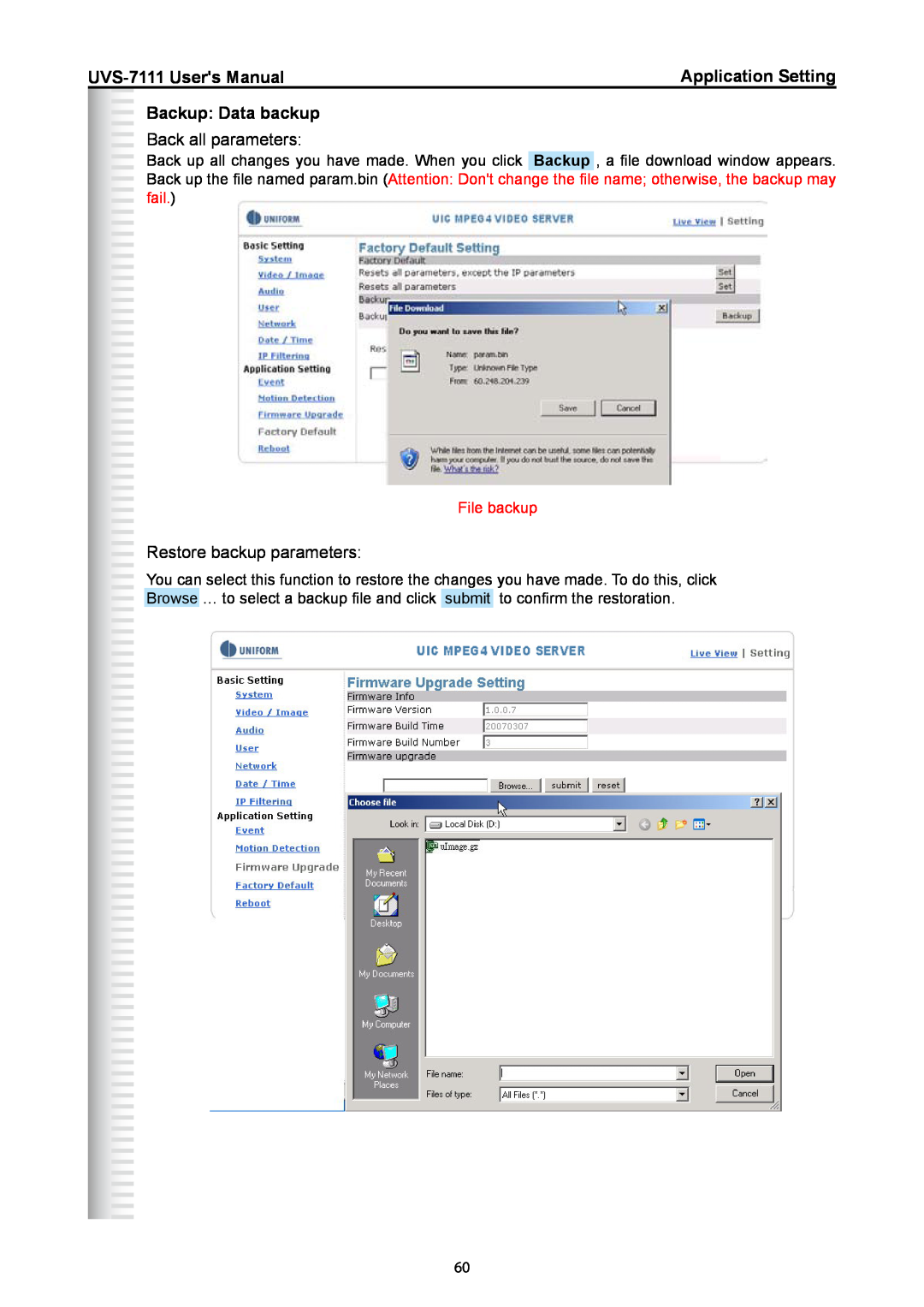 Active Thermal Management UVS-7111 Backup Data backup, Back all parameters, Restore backup parameters, Application Setting 