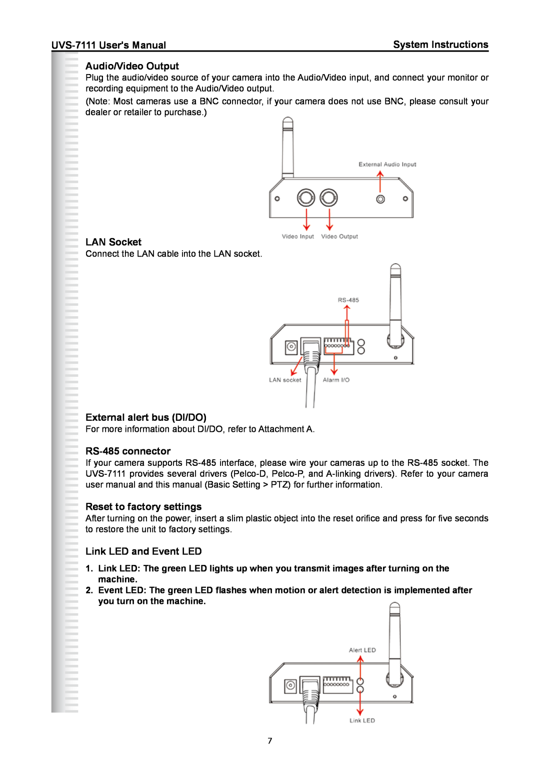 Active Thermal Management UVS-7111 manual Audio/Video Output, LAN Socket, External alert bus DI/DO, RS-485 connector 