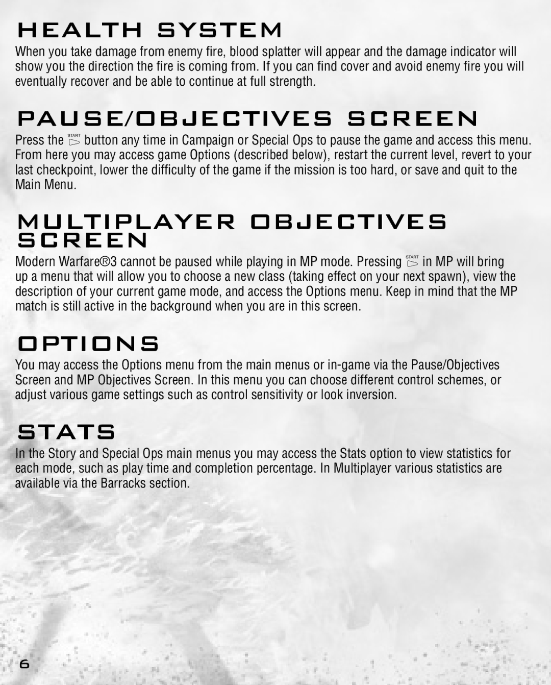 Activision 47875842052 manual Health System, PAUSE/OBJECTIVES Screen, Multiplayer Objectives Screen, Options, Stats 