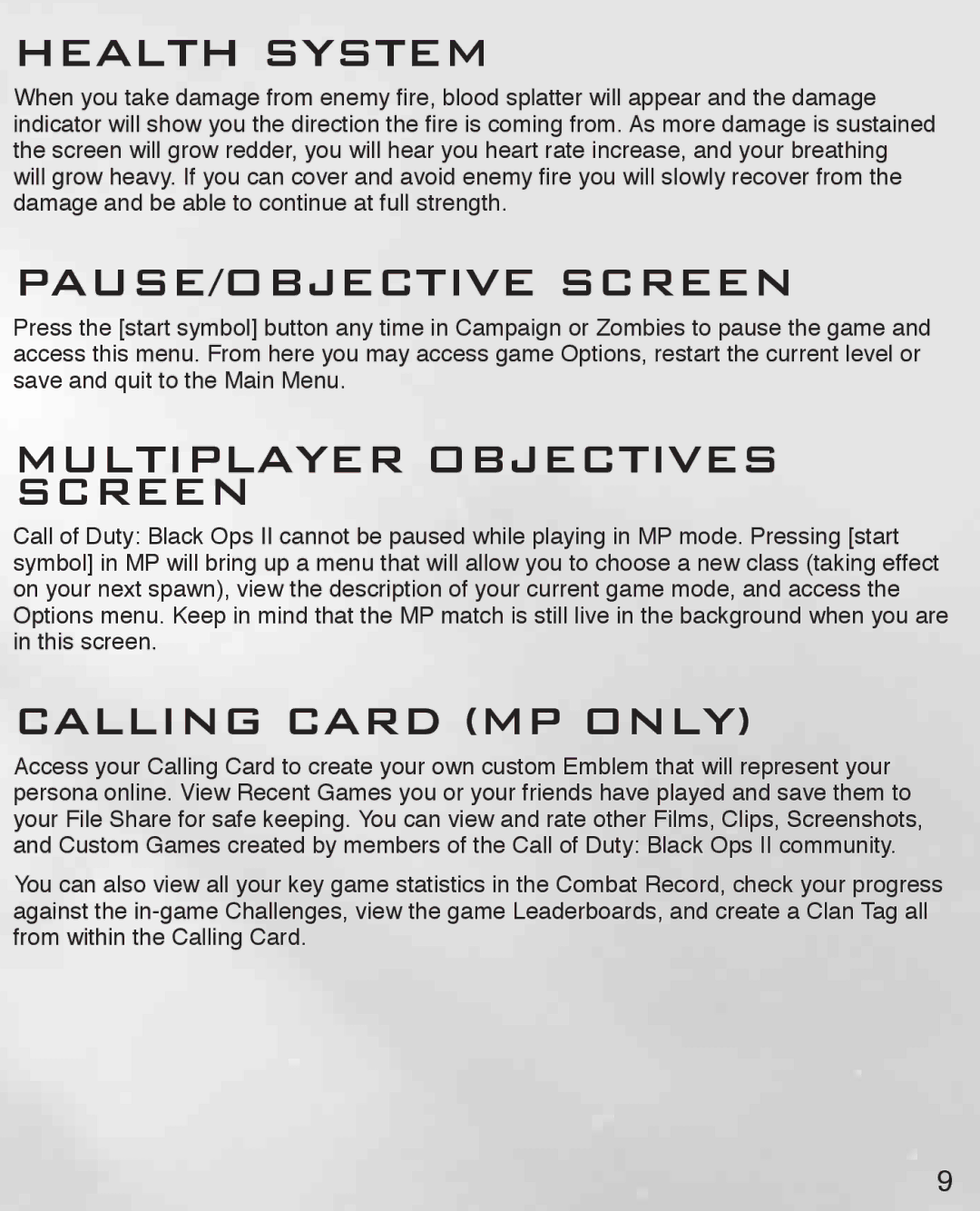 Activision 47875843837 manual Health System, PAUSE/OBJECTIVE Screen, Multiplayer Objectives Screen, Calling Card MP only 