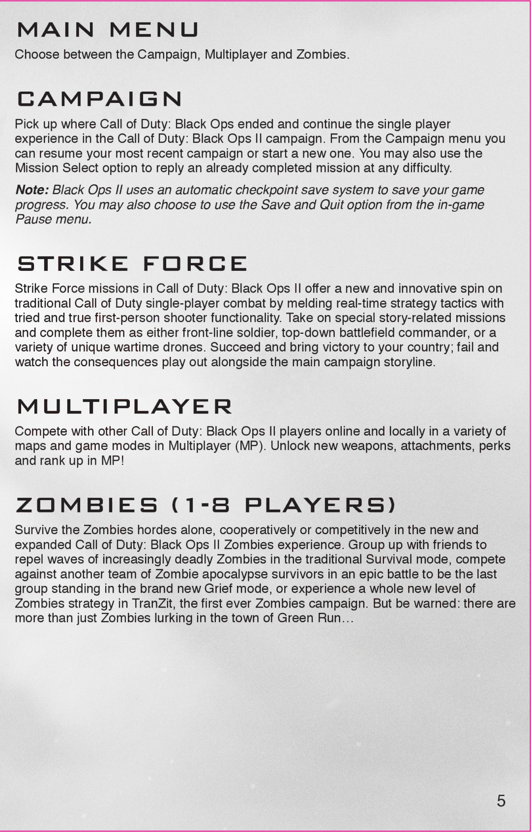 Activision 47875843875 manual Main Menu, Campaign, Strike Force, Multiplayer, Zombies 1-8 Players 