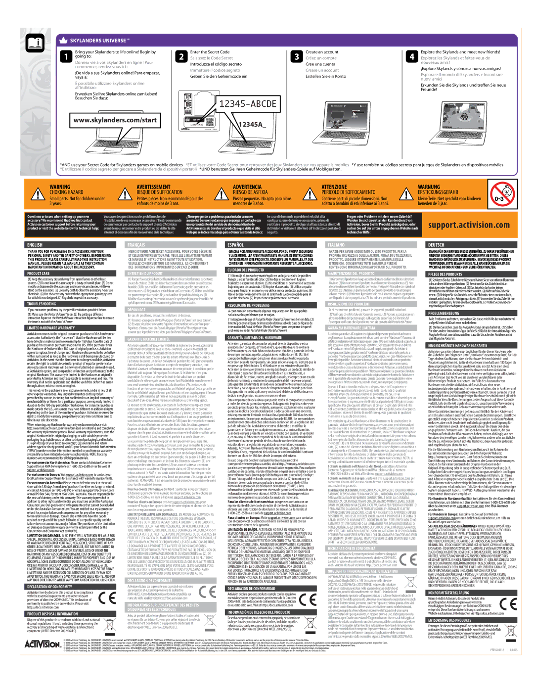 Activision PRT0000512 | R3.00S manual Product Care, Troubleshooting, Limited Hardware Warranty, Declaration of Conformity 