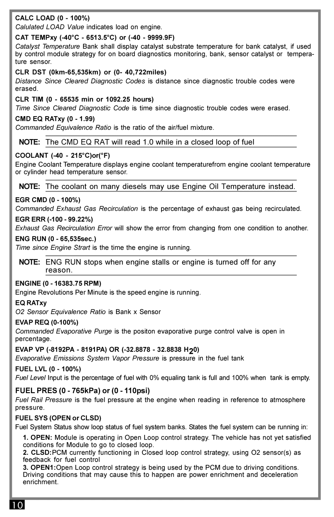 Actron 9040 manual Fuel Pres 0 765kPa or 0 110psi 