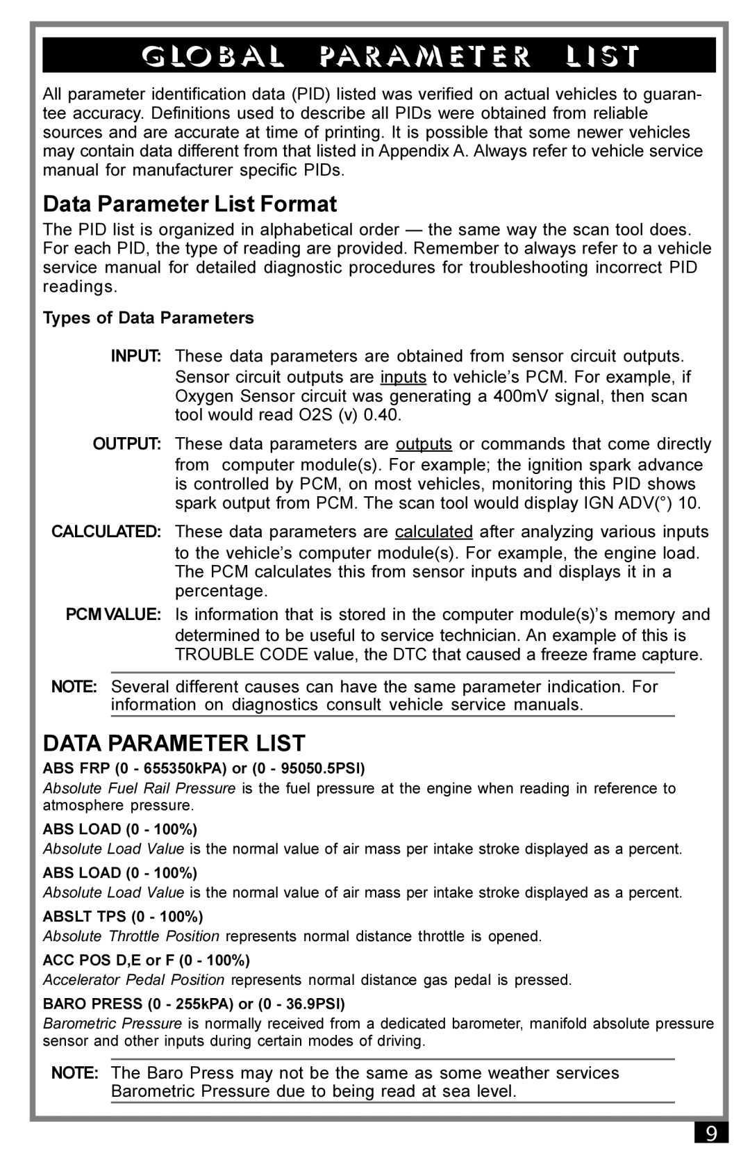 Actron 9040 manual Data Parameter List Format, Types of Data Parameters 