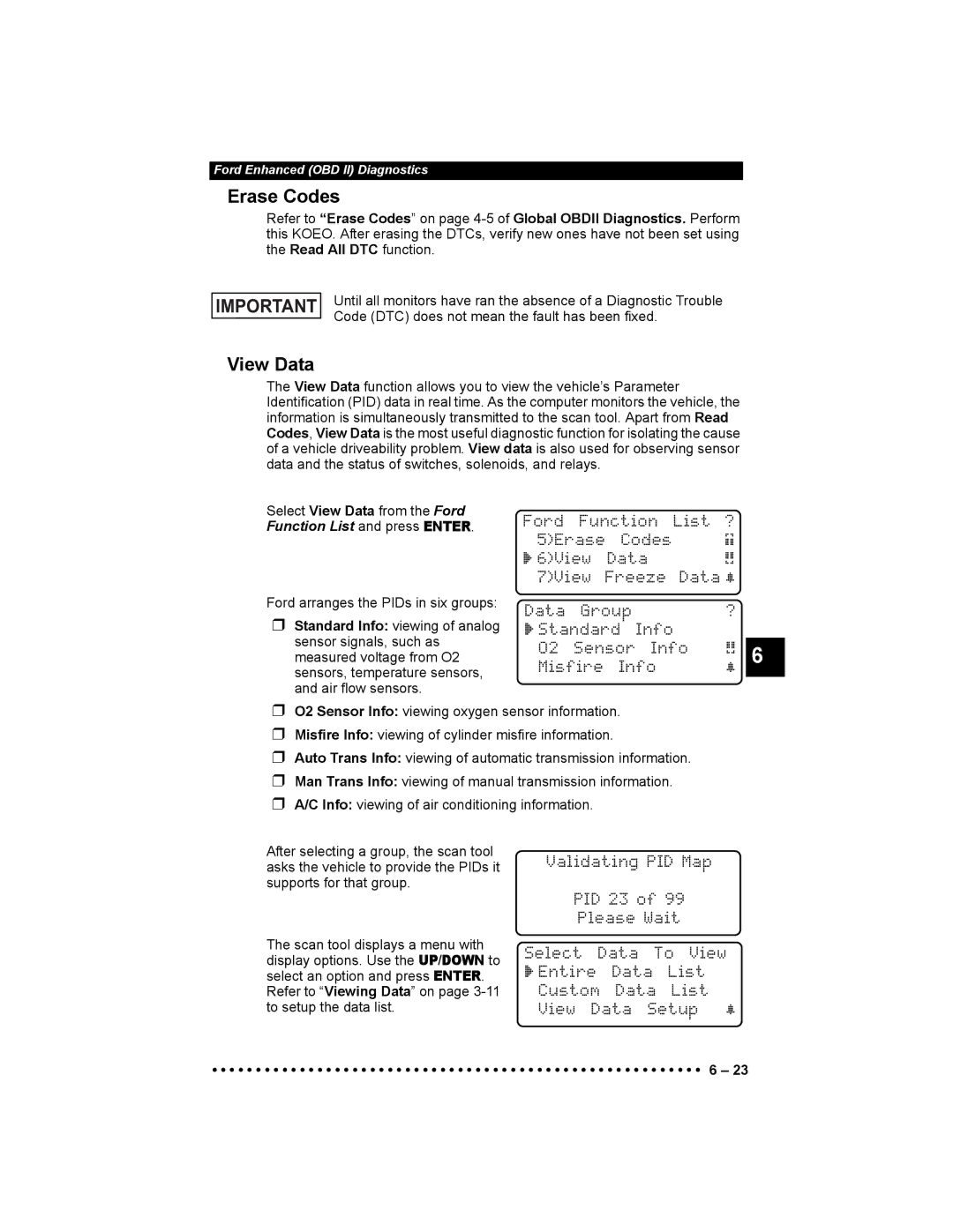 Actron 9640 user manual Data Group ` Standard Info O2 Sensor Misfire Info, Ford arranges the PIDs in six groups 