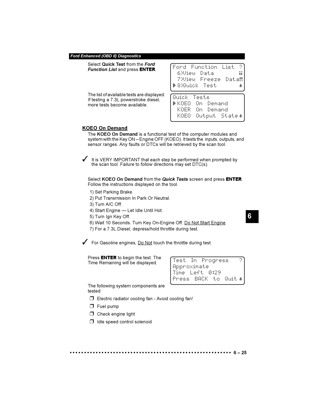 Actron 9640 user manual Ford Function List ? 6View Data 7View Freeze ` 8Quick Test, Koeo On Demand 