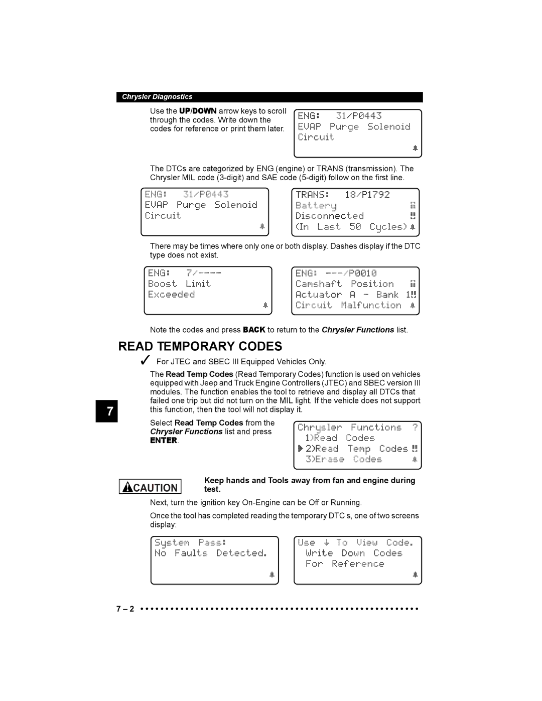 Actron 9640 user manual Read Temporary Codes, Eng, Trans, Evap 