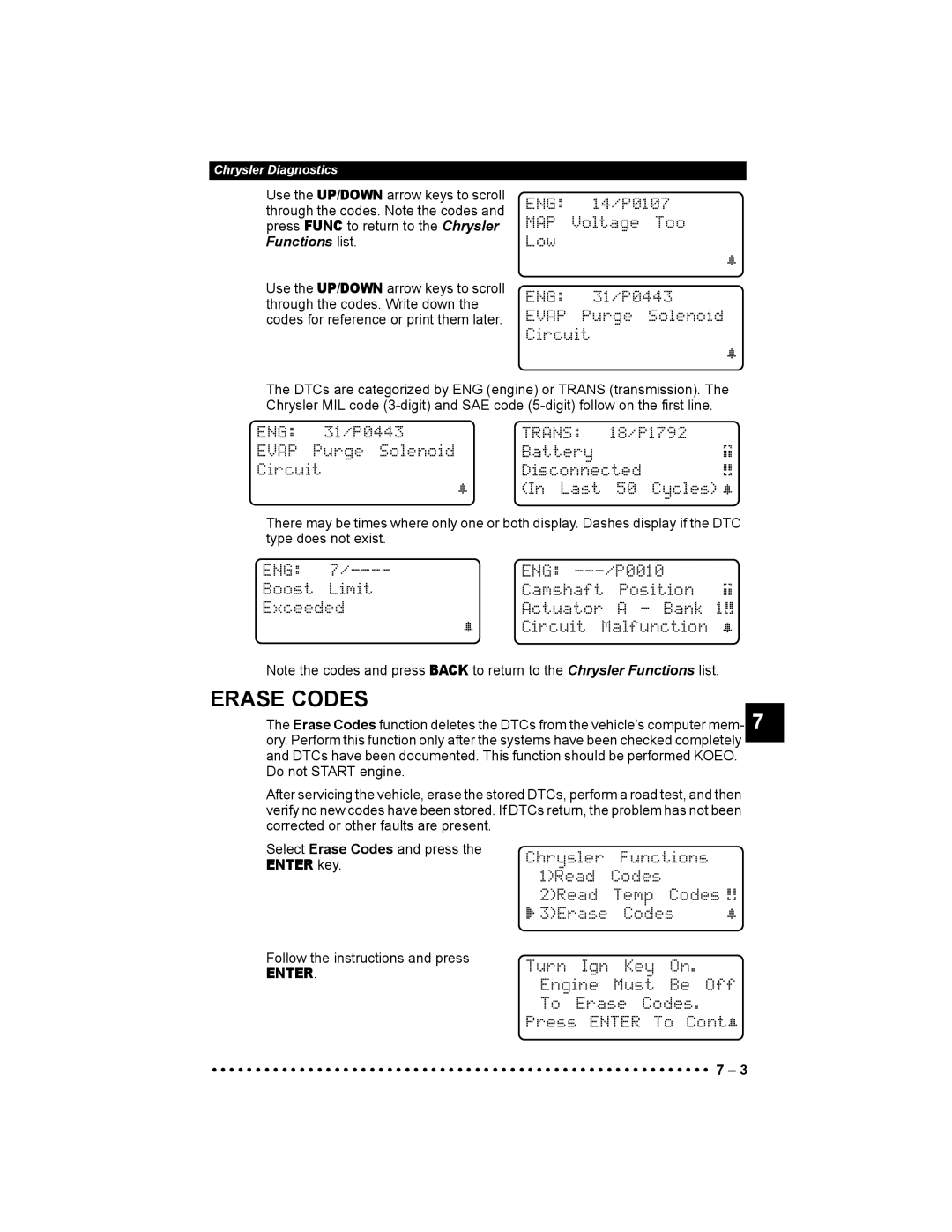 Actron 9640 user manual ENG 14/P0107 MAP Voltage Too Low, Chrysler Functions 1Read Codes 2Read Temp Codes ` 3Erase 