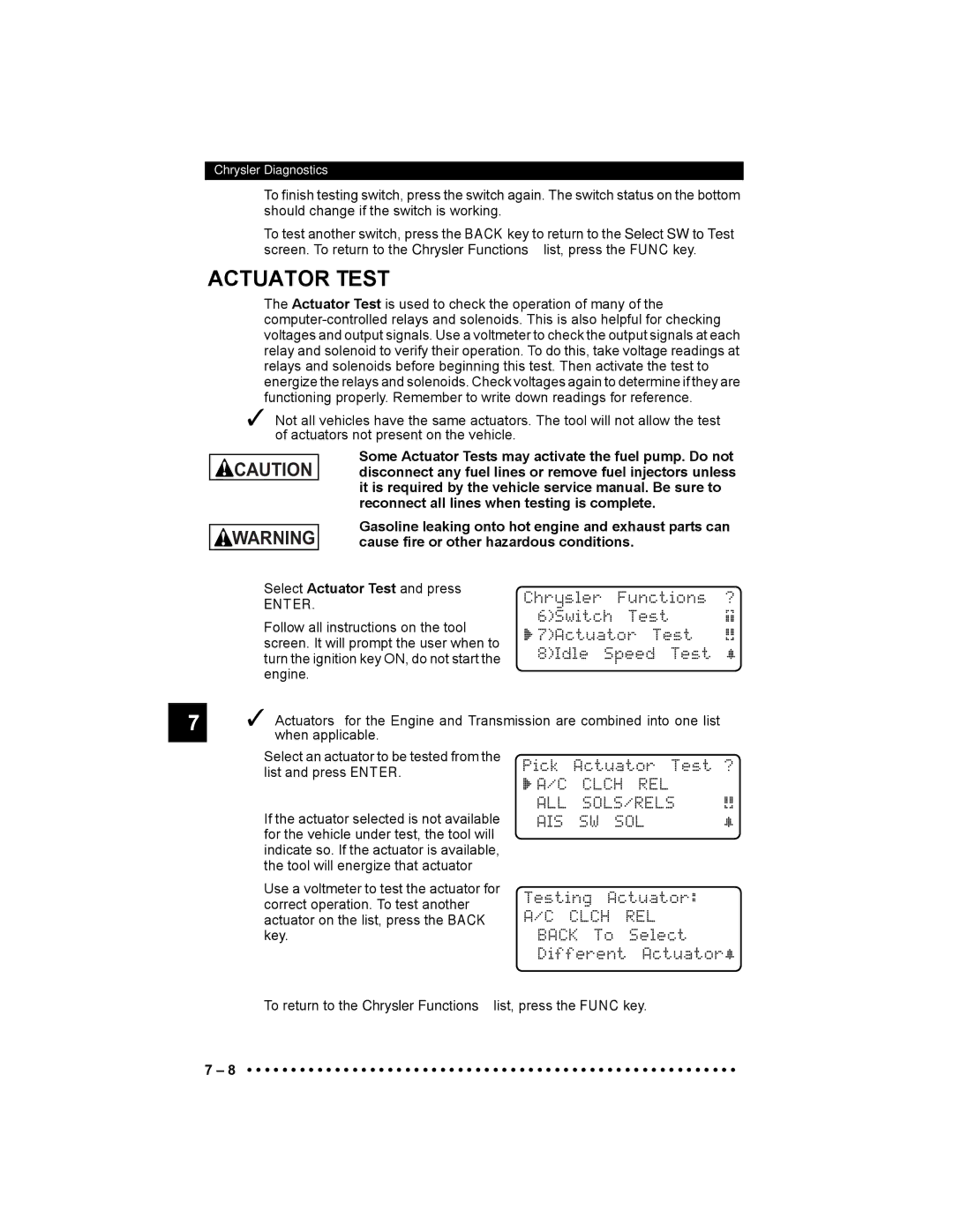 Actron 9640 user manual Actuator Test, Clch REL ALL SOLS/RELS AIS SW SOL 