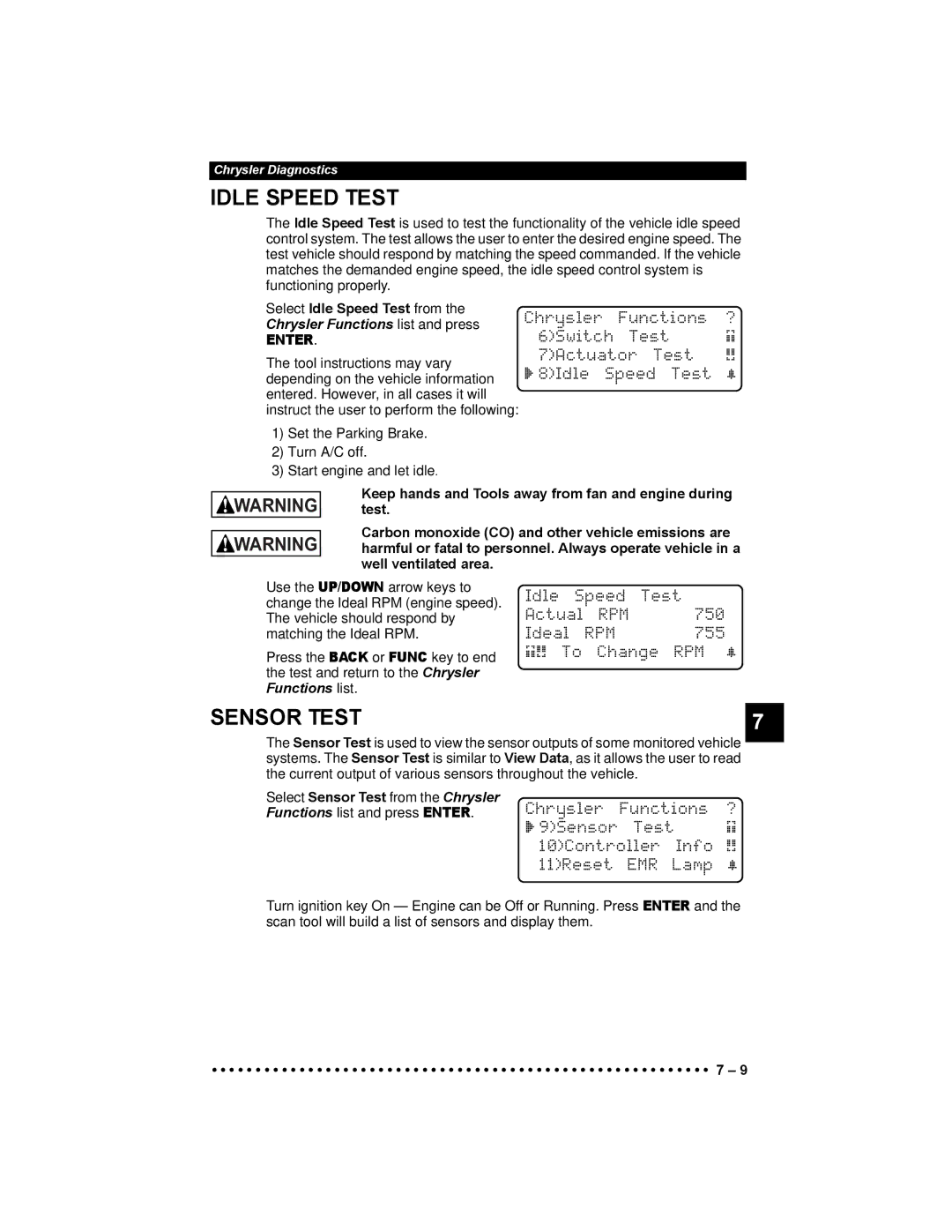 Actron 9640 user manual Idle Speed Test, Sensor Test, Rpm ~ 