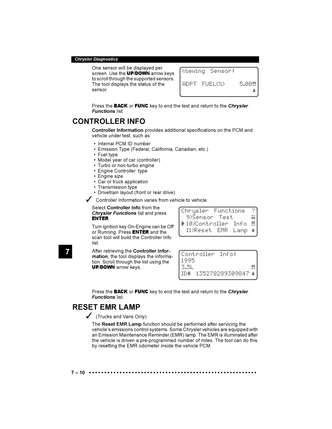 Actron 9640 user manual Reset EMR Lamp, Viewing Sensor, Adpt FUEL%, Select Controller Info from 