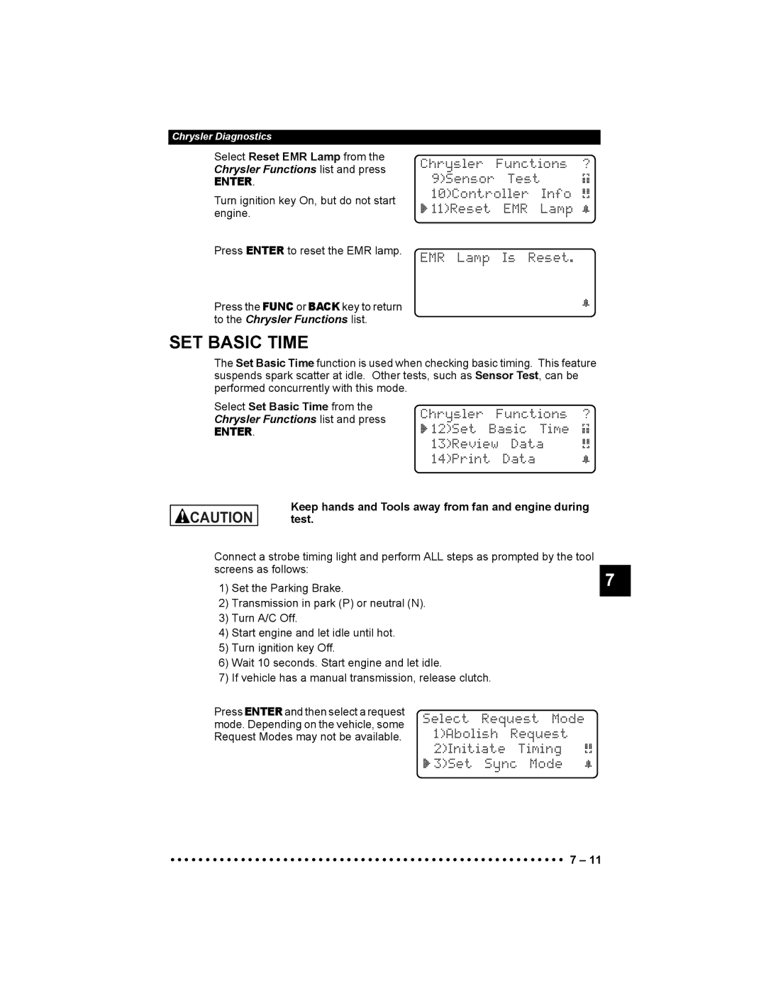 Actron 9640 user manual SET Basic Time, Chrysler Functions ` 12Set Basic Time 13Review Data 14Print 