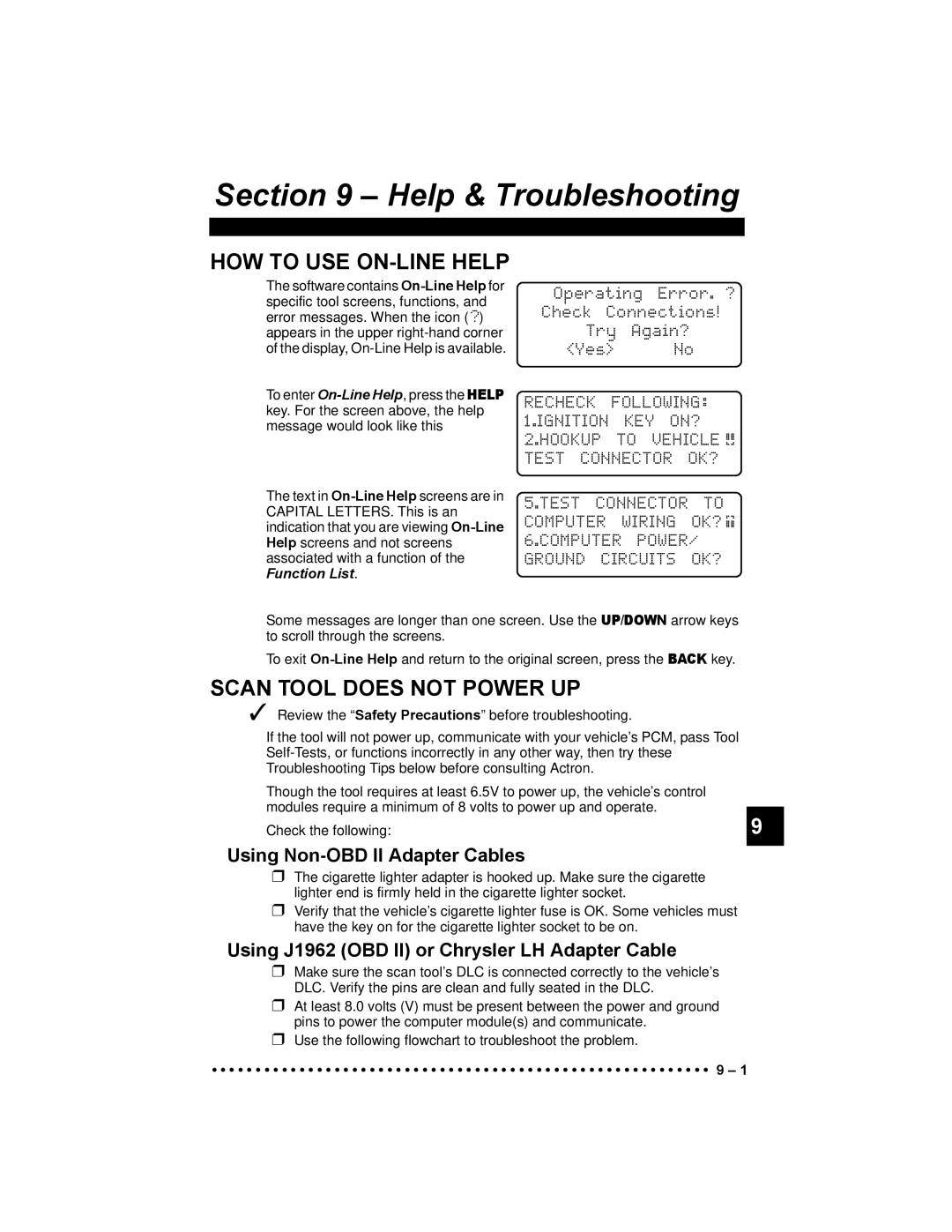 Actron 9640 user manual HOW to USE ON-LINE Help, Scan Tool does not Power UP, Using Non-OBD II Adapter Cables 