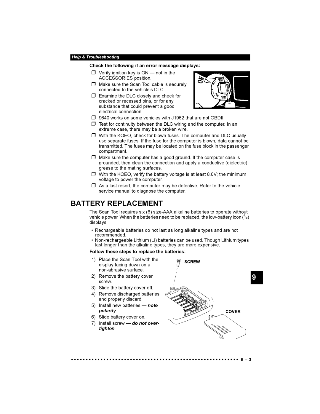 Actron 9640 user manual Battery Replacement, Check the following if an error message displays, Place the Scan Tool with 