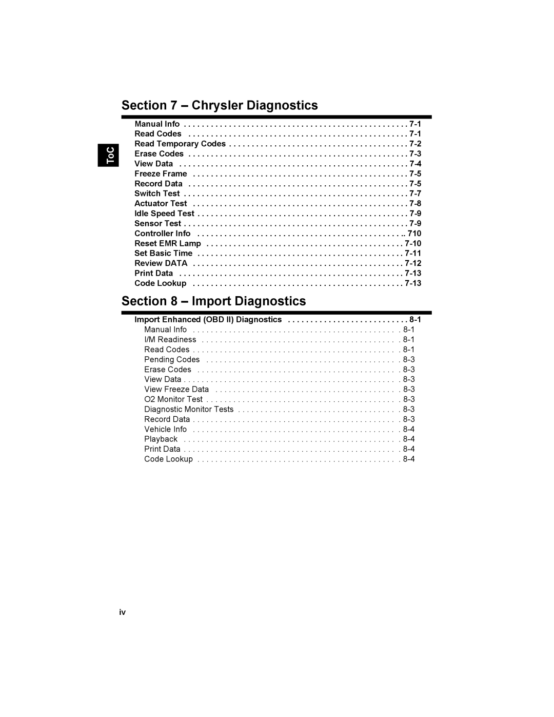 Actron 9640 user manual Chrysler Diagnostics, Import Enhanced OBD II Diagnostics 