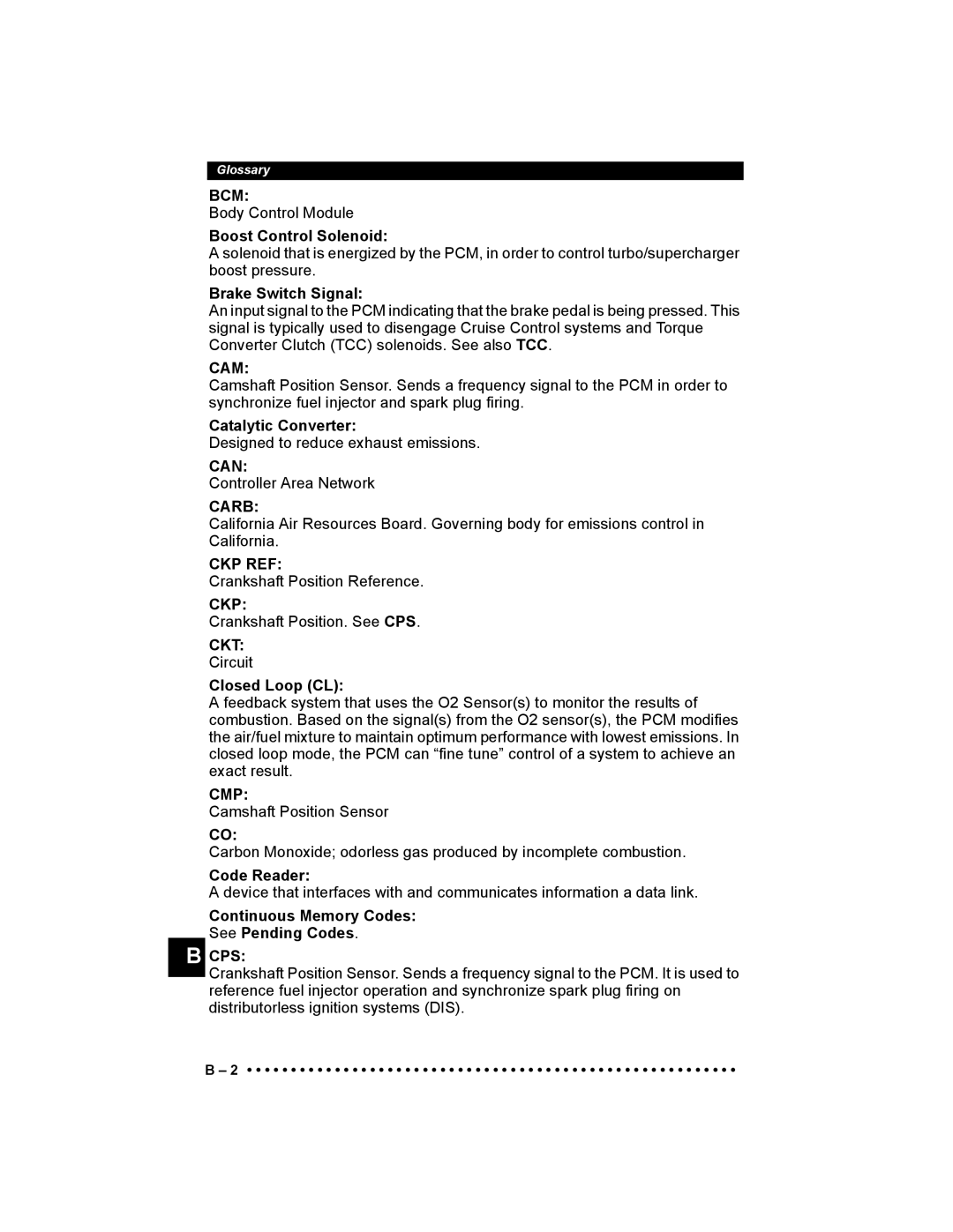 Actron 9640 user manual Bcm, Cam, Can, Carb, Ckp Ref, Ckt, Cmp, Cps 