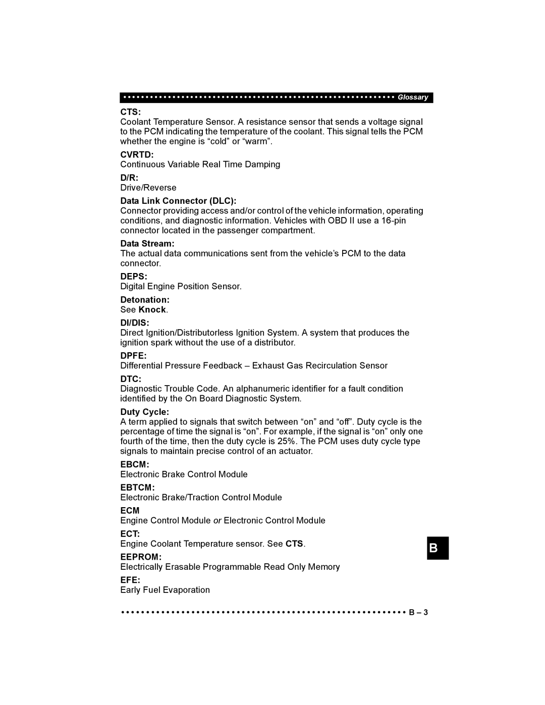 Actron 9640 user manual Cts, Cvrtd, Deps, Di/Dis, Dpfe, Dtc, Ebcm, Ebtcm, Ecm, Ect, Eeprom, Efe 