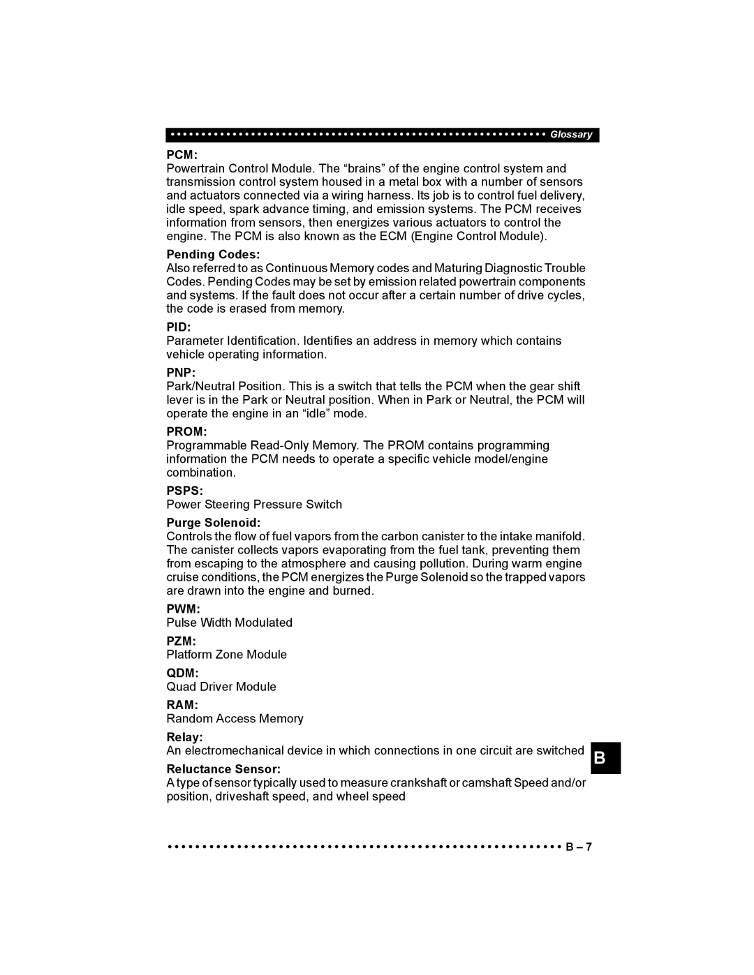 Actron 9640 user manual Pcm, Pid, Pnp, Prom, Psps, Pwm, Pzm, Qdm, Ram 