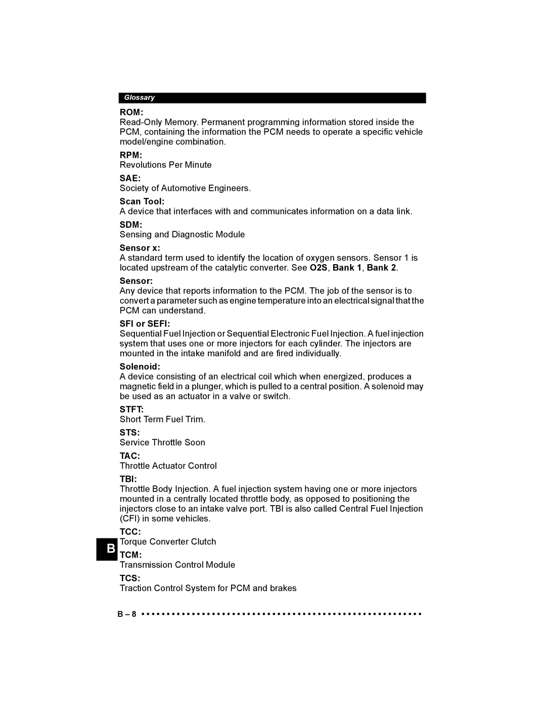 Actron 9640 user manual Rom, Rpm, Sae, Sdm, Stft, Sts, Tac, Tbi, Tcc, Tcs 