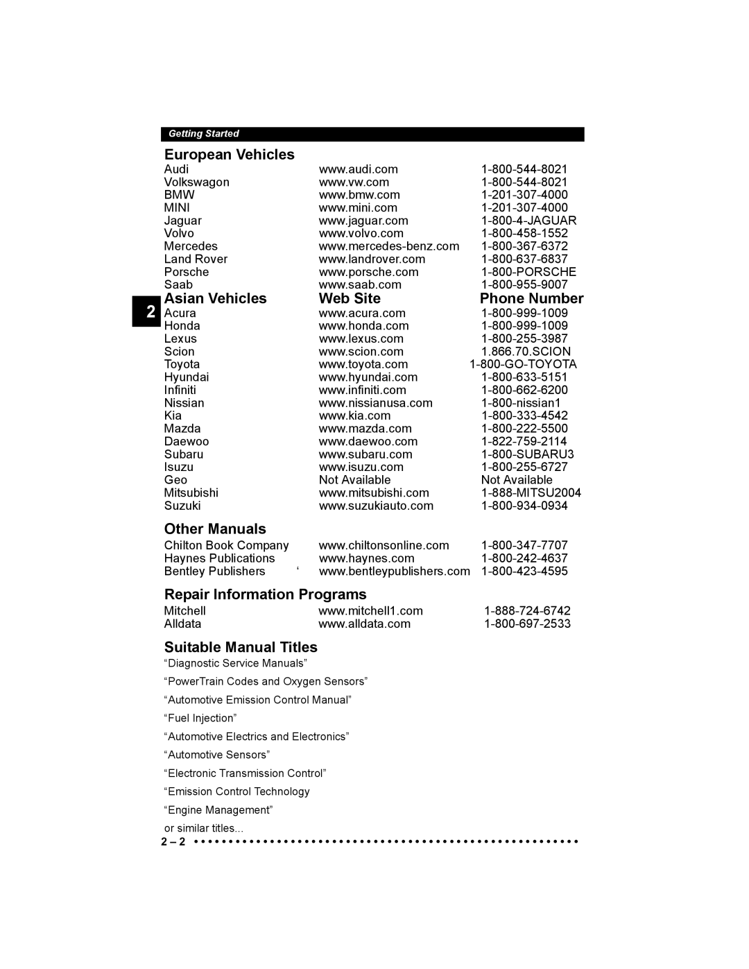 Actron 9640 European Vehicles, Asian Vehicles Web Site, Other Manuals, Repair Information Programs, Suitable Manual Titles 