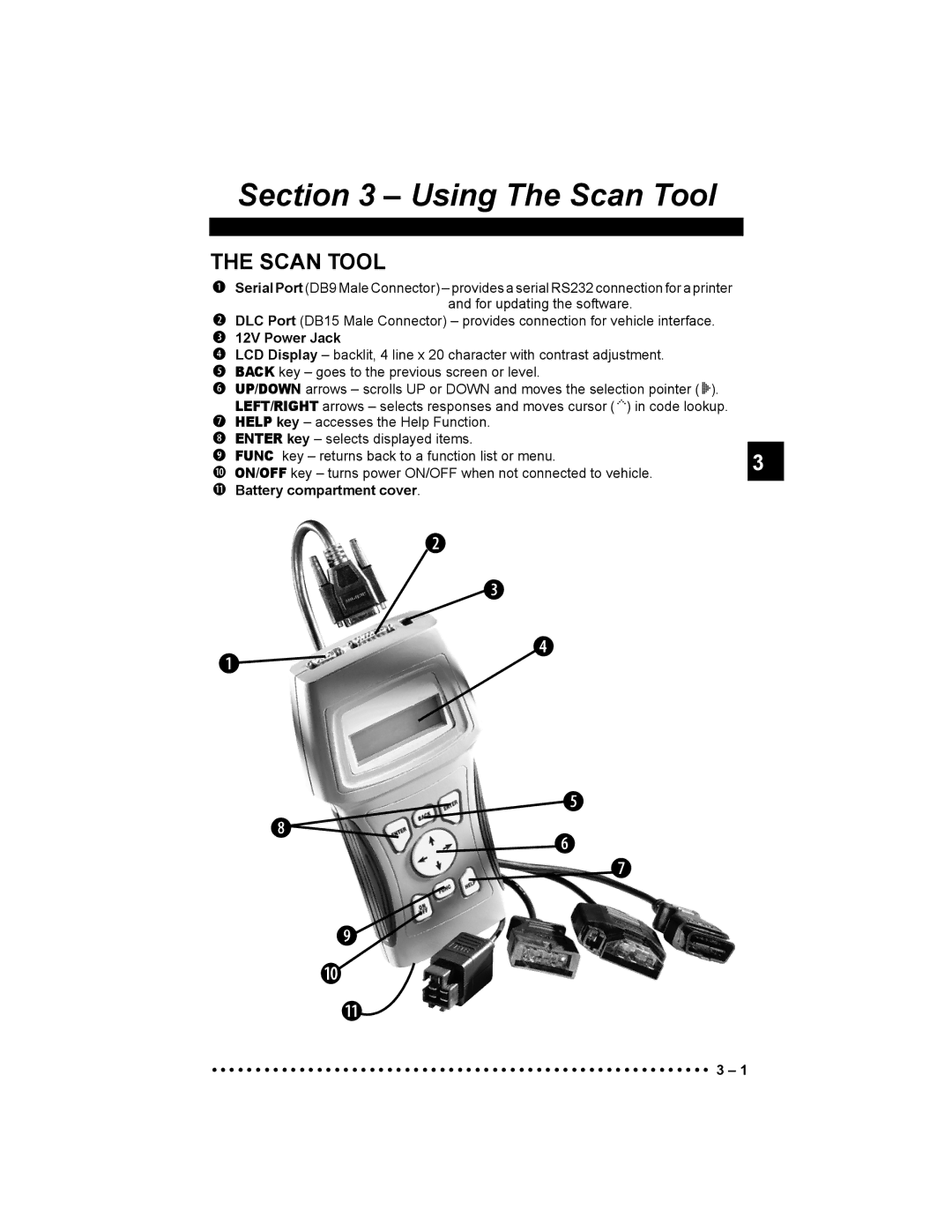 Actron 9640 user manual Scan Tool, 12V Power Jack, Battery compartment cover 