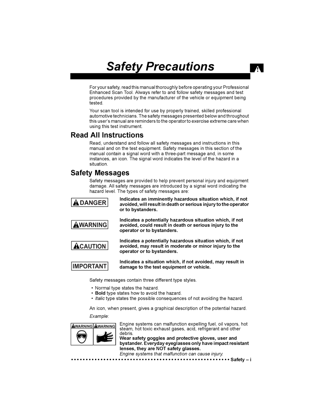 Actron 9640 user manual Safety Precautions 