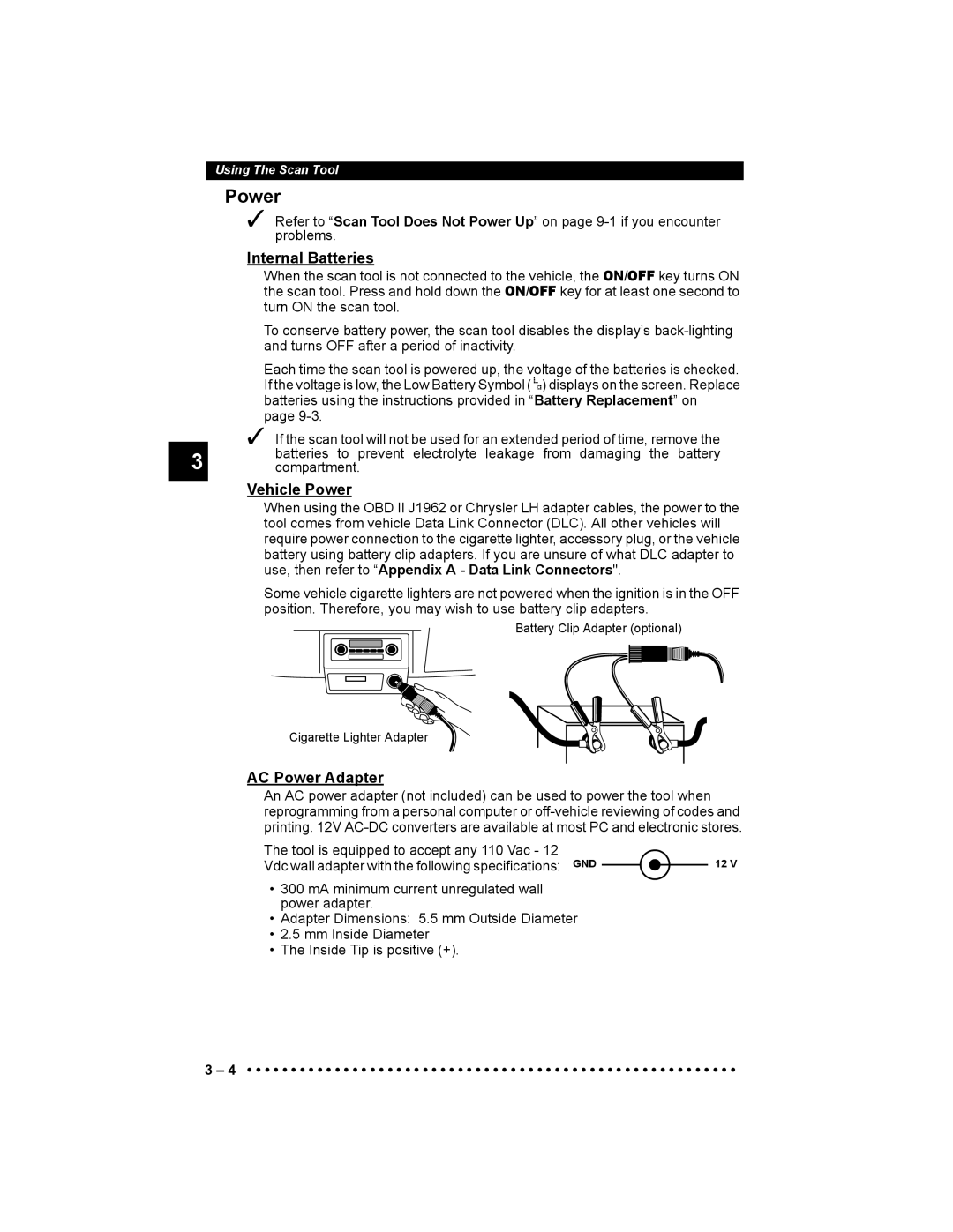 Actron 9640 user manual Internal Batteries, Vehicle Power, AC Power Adapter, Compartment 