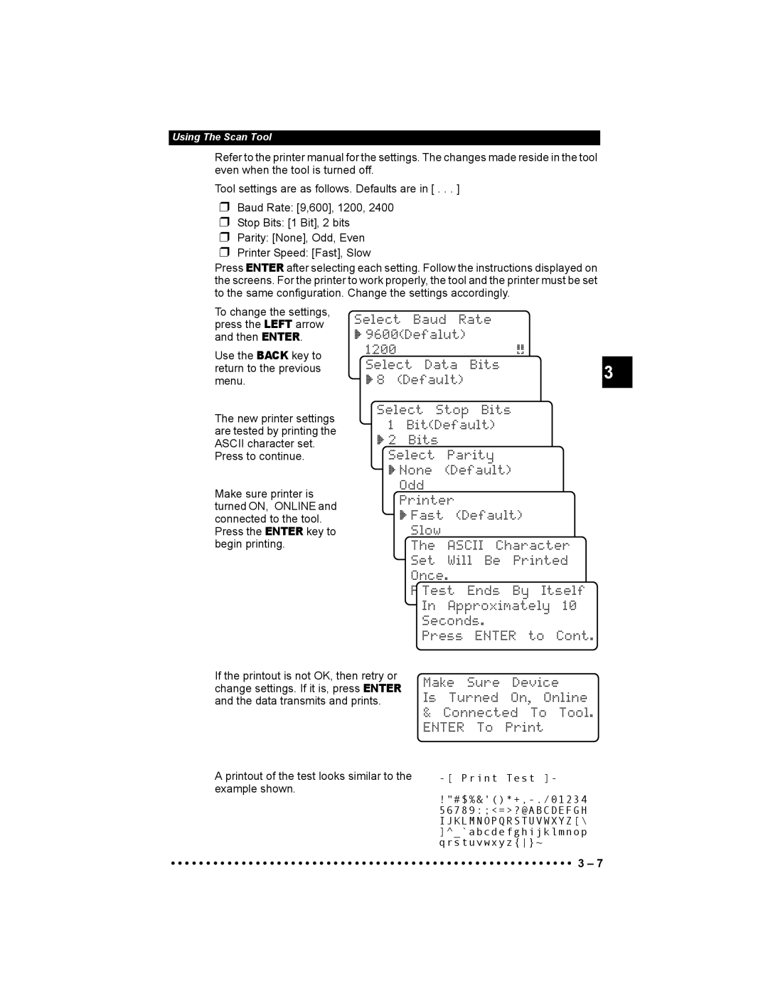 Actron 9640 Use the Back key to return to the previous menu, Printout of the test looks similar to the example shown 