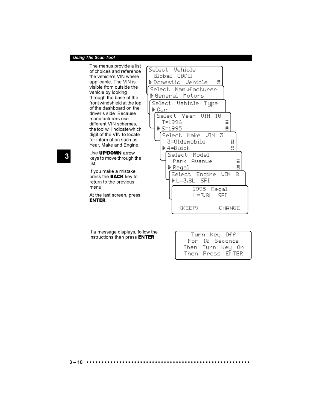 Actron 9640 user manual Obdii, Vin, SFI Keep 