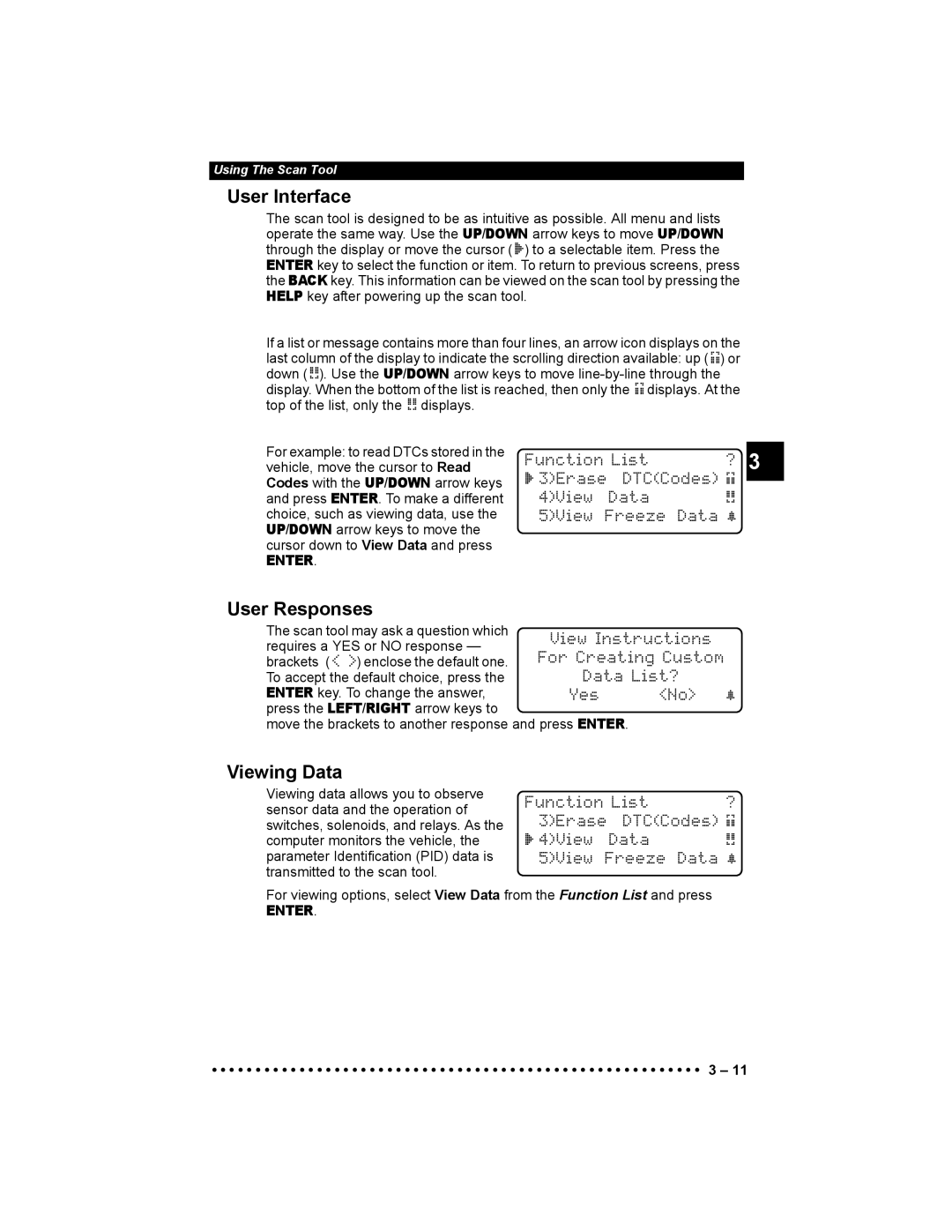 Actron 9640 user manual User Interface, User Responses, Viewing Data 