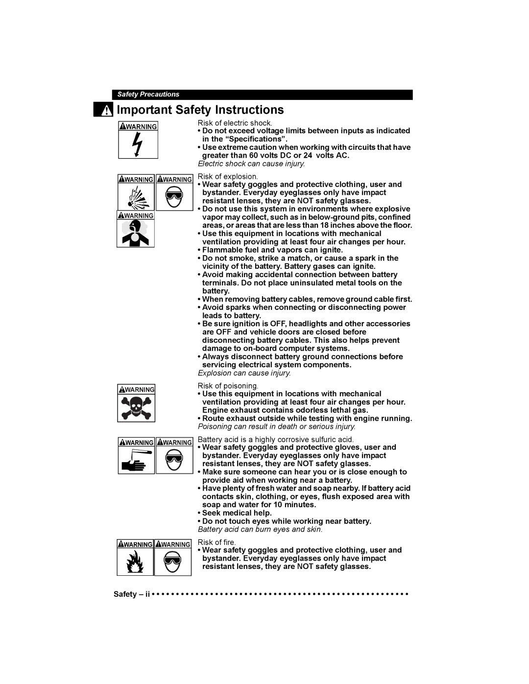 Actron 9640 Risk of electric shock, Risk of explosion, Risk of poisoning, Battery acid is a highly corrosive sulfuric acid 