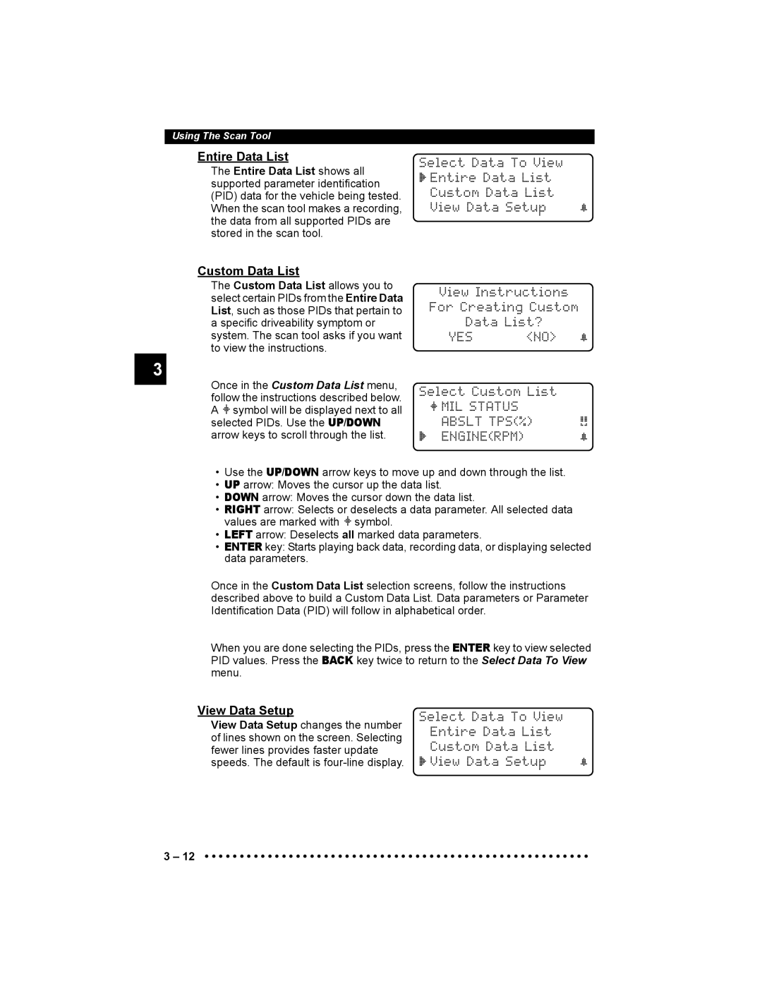 Actron 9640 user manual Entire Data List, Custom Data List, Yes, « MIL Status Abslt TPS% ` Enginerpm, View Data Setup 