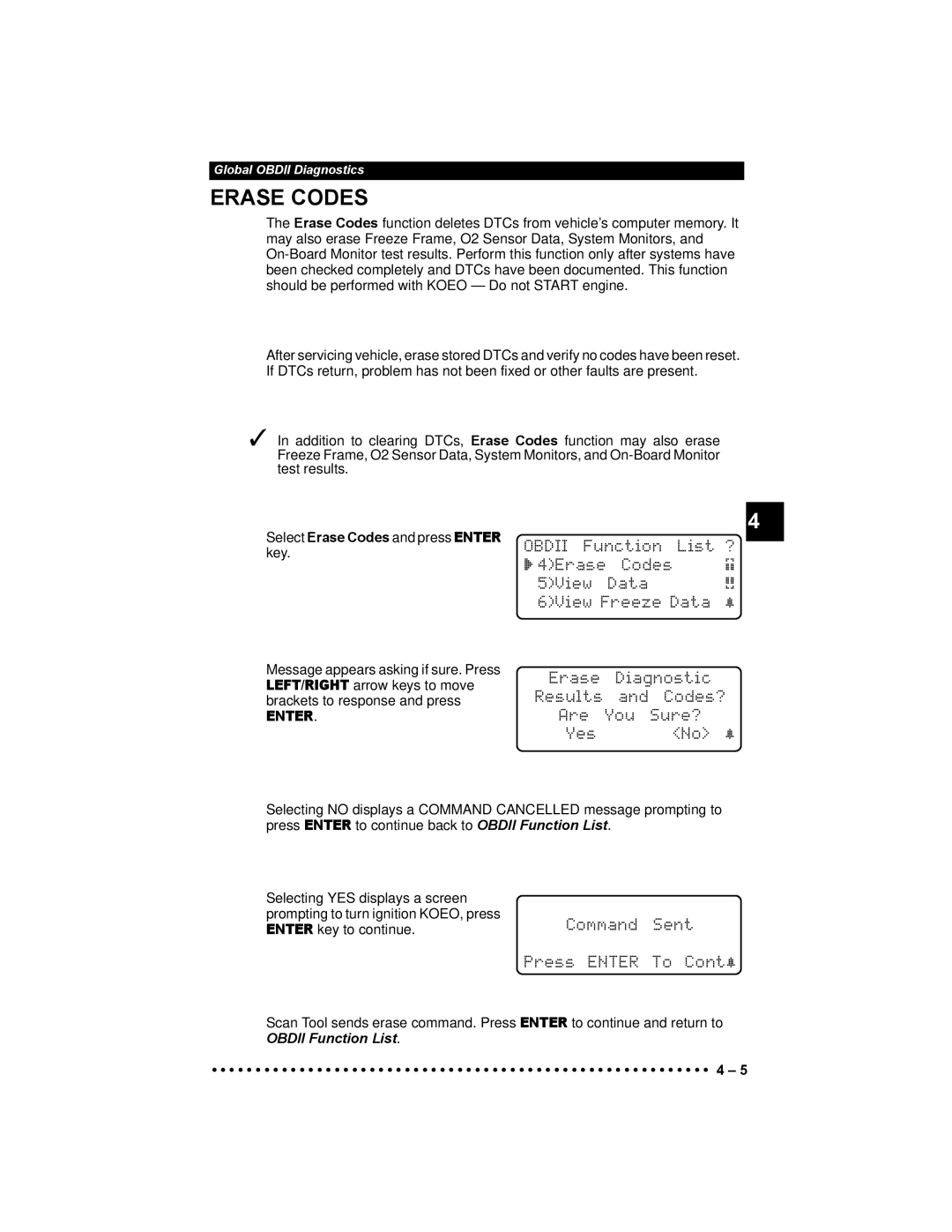 Actron 9640 user manual Erase Codes, Command Sent, Press Enter To Cont~, Enter key to continue 