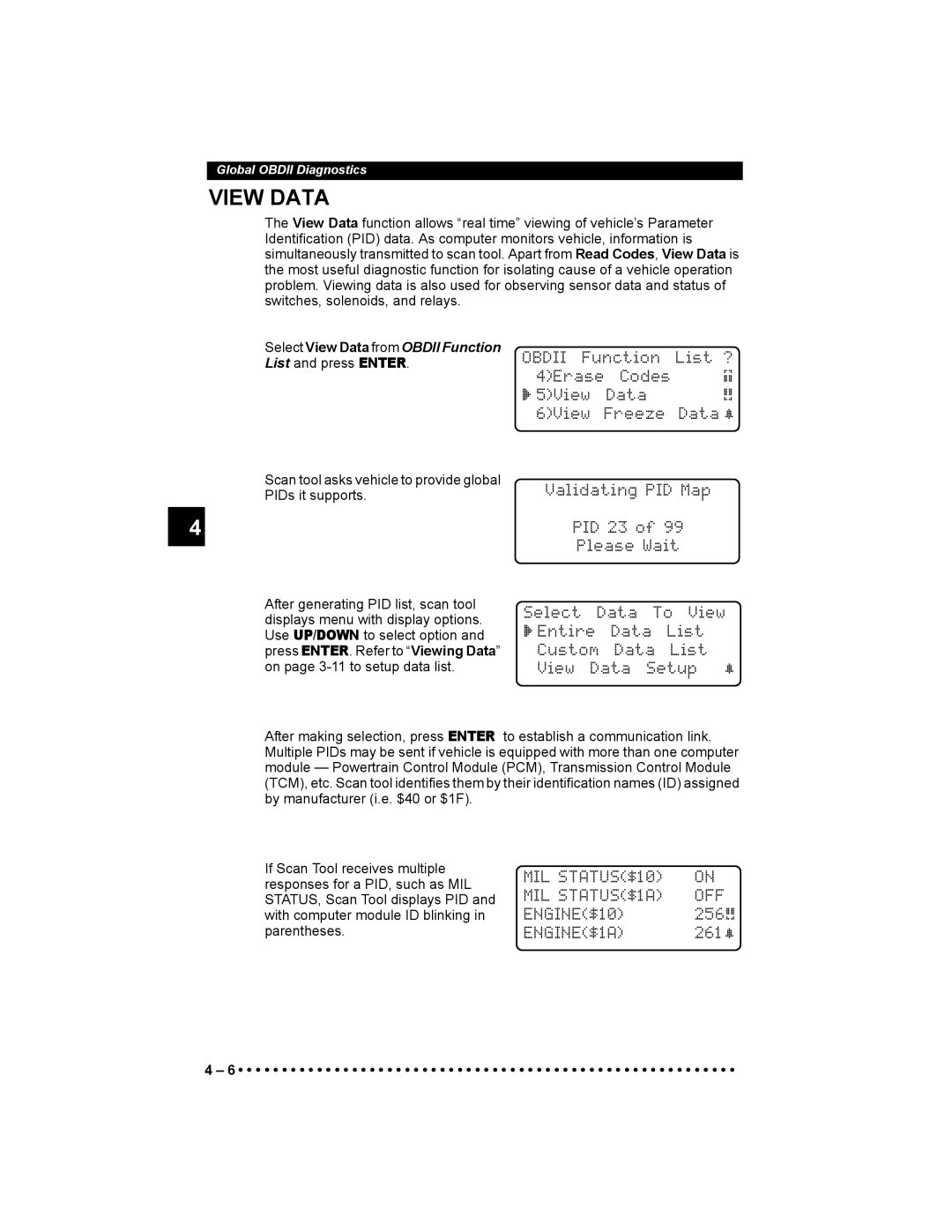 Actron 9640 user manual View Data, MIL STATUS$10 MIL STATUS$1A OFF ENGINE$10, 256, ENGINE$1A, 261~ 