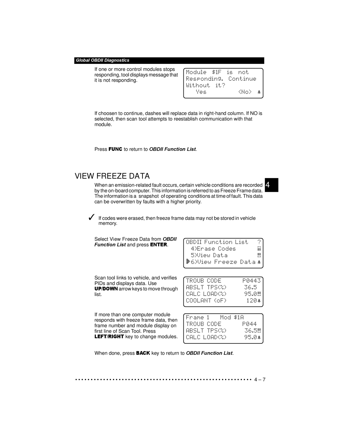 Actron 9640 user manual View Freeze Data, Troub Code, Calc LOAD% 