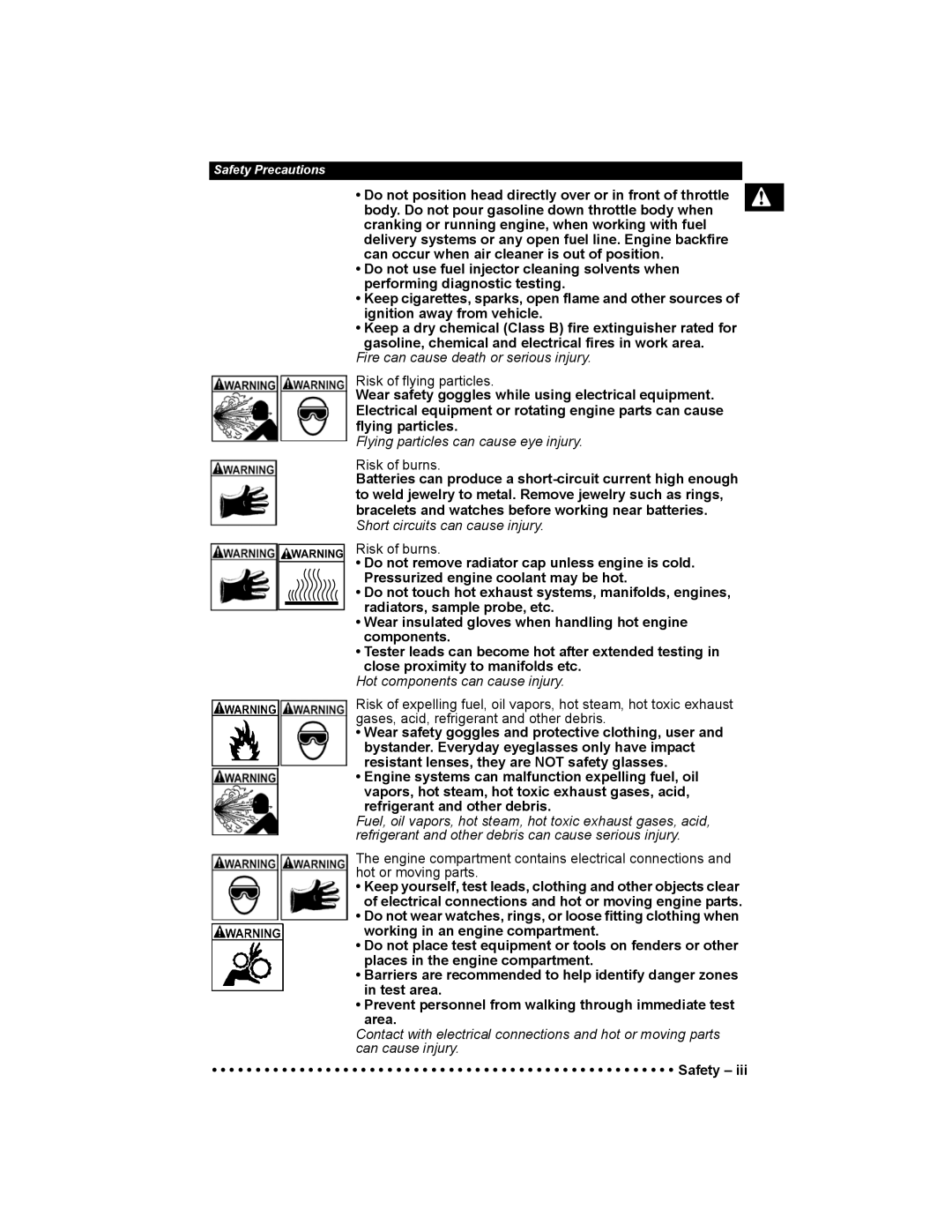 Actron 9640 user manual Risk of flying particles, Risk of burns 