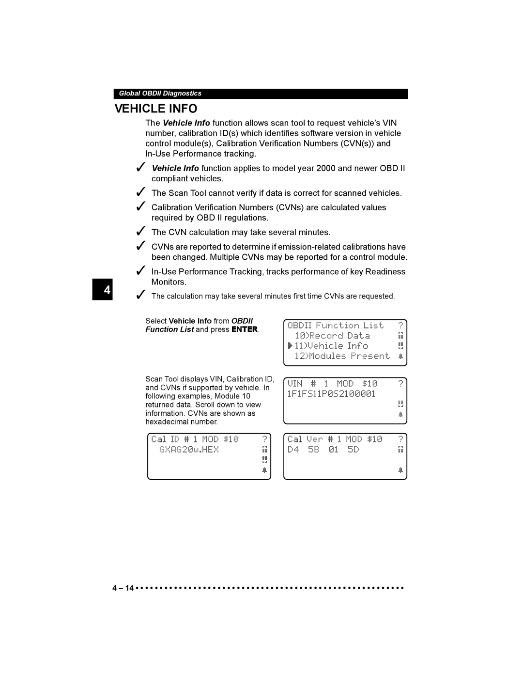 Actron 9640 user manual Vehicle Info 