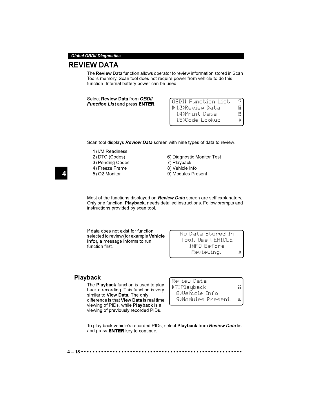 Actron 9640 user manual Review Data, Playback 