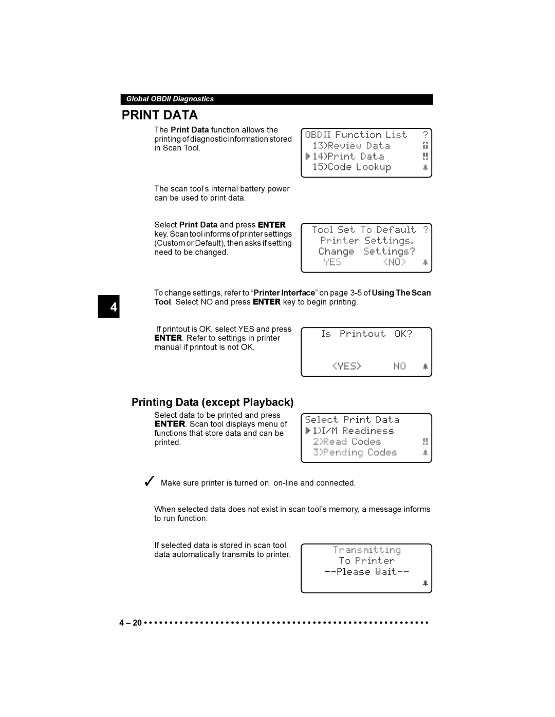 Actron 9640 user manual Print Data, Printing Data except Playback, Ok? 