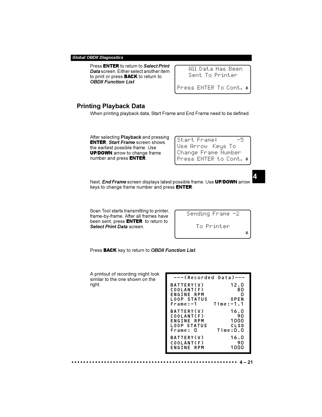 Actron 9640 Printing Playback Data, All Data Has Been Sent To Printer Press Enter To Cont. ~, Sending Frame To Printer 