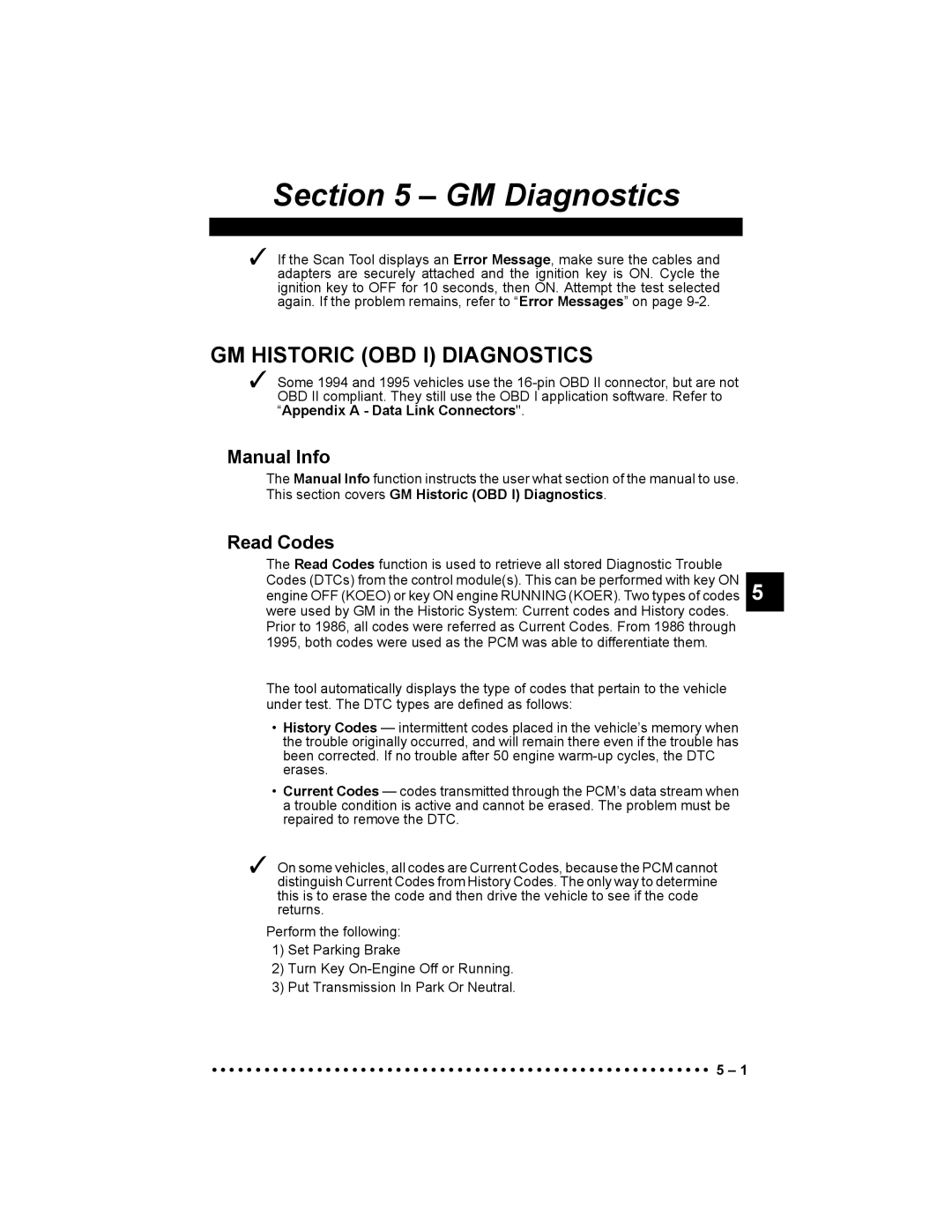 Actron 9640 user manual GM Historic OBD I Diagnostics, Manual Info, Read Codes 